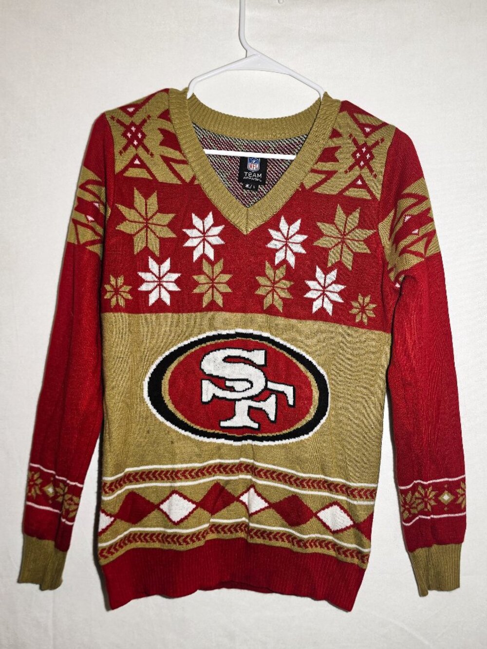 NFL Team Apparel SF 49s christmas sweater womens v neck LARGE